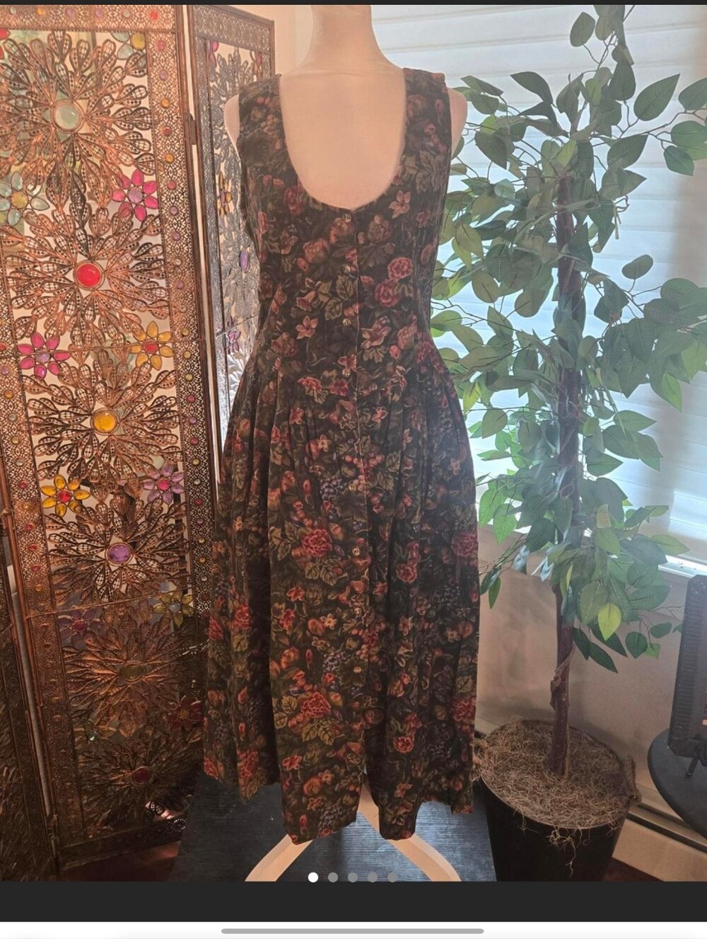 VTG 80s Herman Geist Cotton Floral Boho Fairycore Grandma Midi Dress 8 Green